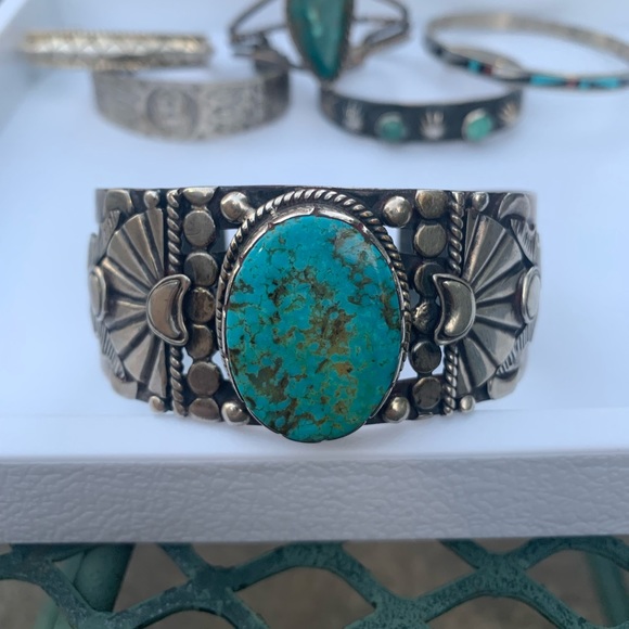 Hand Crafted Other - Sterling silver kingman turquoise bracelet stamped men’s jewelry southwest